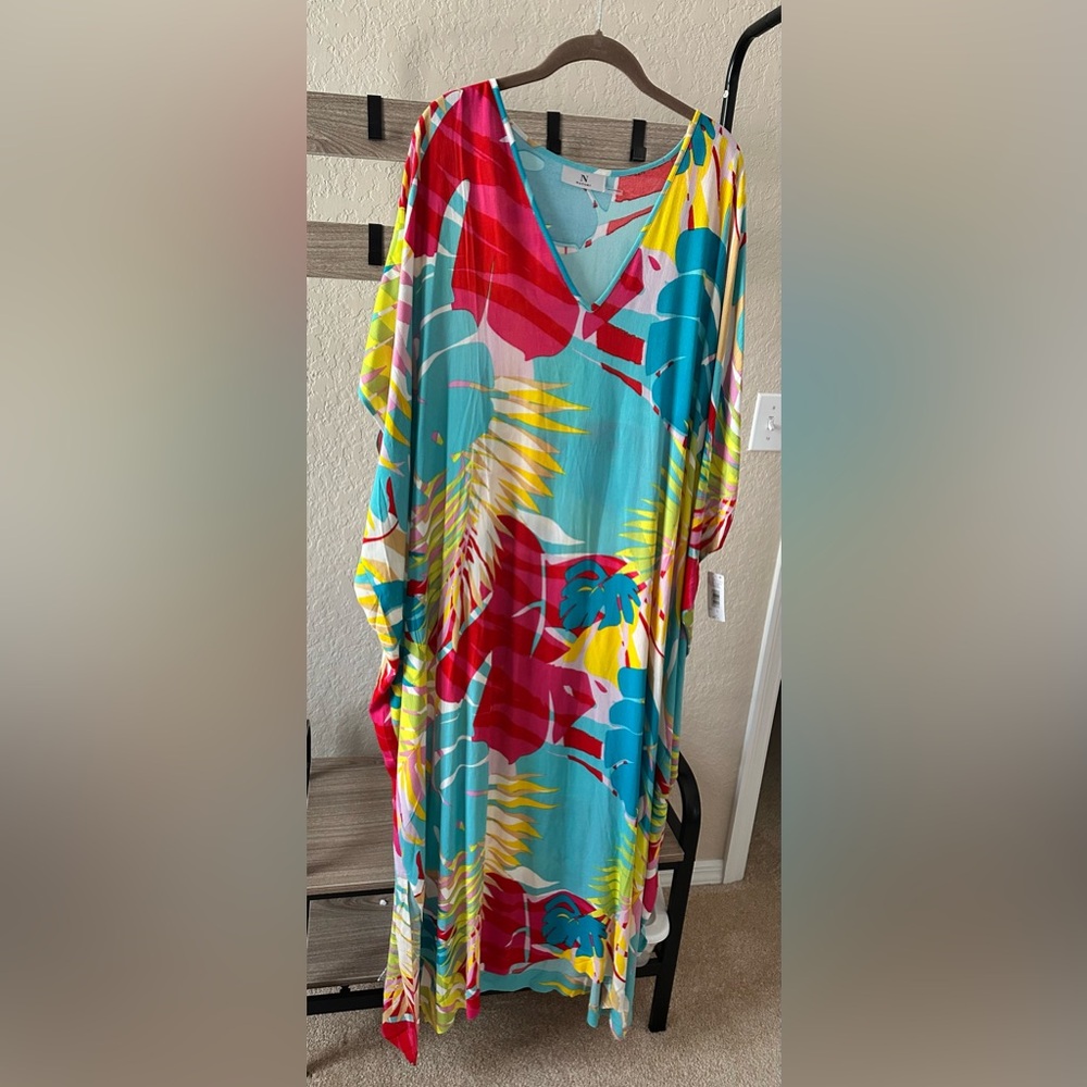 Natori Bora Bora Printed Caftan in Turquoise, Red, Yellow, Pink